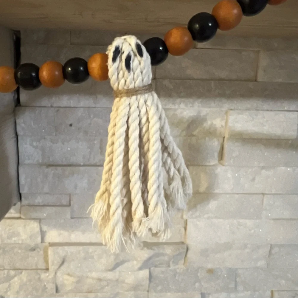 Wooden Halloween Garland 7Ft Ghosts Beaded Handmade Cottage Rustic Farmhouse